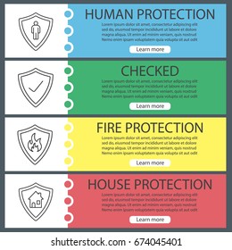 Protection shields web banner templates set. Bodyguard, firefighters badge, real estate and checked security. Website color menu items with linear icons. Vector headers design concepts