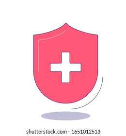 Protection sign with a cross in linear and flat styles. Concept for health insurance, diagnosis and health. Icon for apps and web.