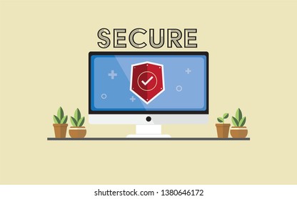 The protection sign is shown on workstation. Flat design with Data Protection concept.