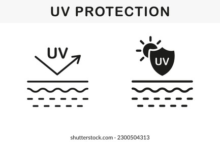 Protection Skin from UV Rays Line and Silhouette Icon Set. Skin Care, SPF Cream for Skin. Reflect Sun Ultraviolet Rays Pictogram. Block Solar Light Symbol Collection. Isolated Vector Illustration.