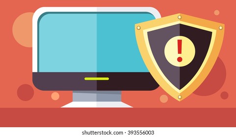 Protection Software Design Flat Concept. License Driver, Software Development Icon, Security License Program Utilities, Licensing Secure, Safety Copyright Vector Illustration. Shield In Front Monitor