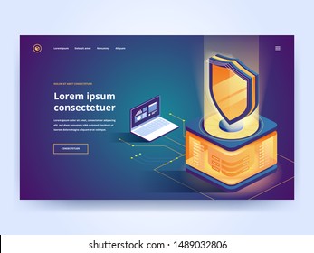 Protection software landing page vector template. Cybersecurity, malware security website homepage interface idea with isometric illustrations. Safe online data storage web banner 3D cartoon concept