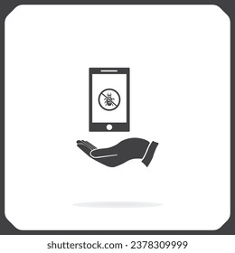 Protección del software, protección del sistema contra virus informáticos. Diseño de virus en la mano, ilustración vectorial.