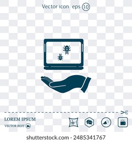 Protection of the software, protection of the system against computer viruses. Virus design on the hand, vector illustration.