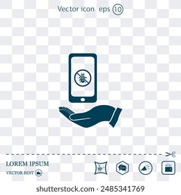 Protection of the software, protection of the system against computer viruses. Virus design on the hand, vector illustration.