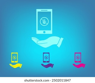 Protection of the software, protection of the system against computer viruses. Virus design on the hand, vector illustration.