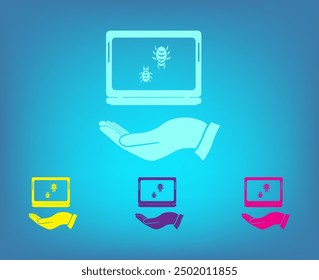 Protection of the software, protection of the system against computer viruses. Virus design on the hand, vector illustration.
