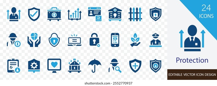 Conjunto de colección de icono sólido de protección que contiene escudo, guardia, defensa, proteger, Contraseña, protección del usuario, CCTV y más diseño de Vector