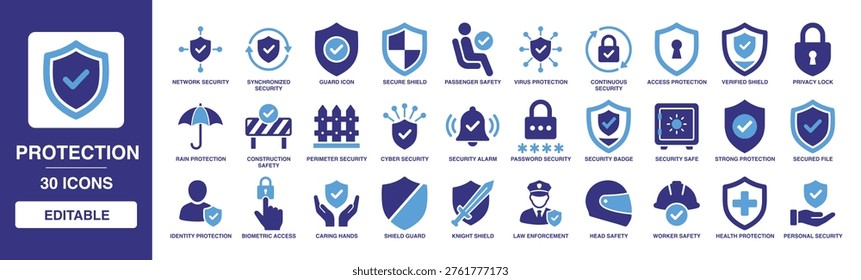 Protection solid vector glyph icon set featuring cyber security, shield guard, privacy lock, virus protection, safety alarm, network security, and biometric access for data safety.