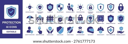 Protection solid vector glyph icon set featuring cyber security, shield guard, privacy lock, virus protection, safety alarm, network security, and biometric access for data safety.