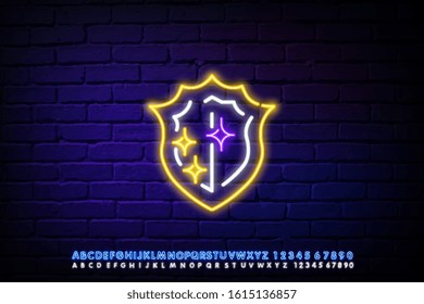 Protection spell neon light concept icon. Occultism and superstition idea. Glowing sign with alphabet, numbers and symbols. Spellbook, shield and hand vector isolated illustration. Safety charm