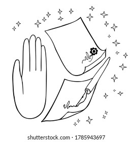 Protection spells. Hand palm and documents. Prophecy of business, transactions, life. Security. Witchcraft, the concept of magic. Boss, office, documents, signature. Hand drawn vector illustration