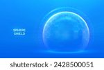 Protection sphere shield with hexagon pattern on blue background. Glass Dome shield. Glowing bubble shield in the form of a force energy field. Protection and safety concept. Vector illustration.