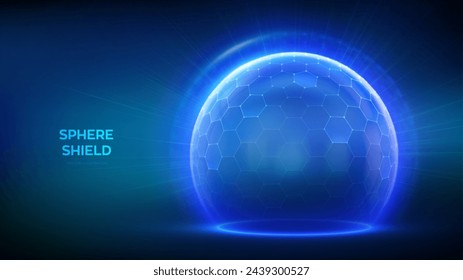 Protection sphere shield with hexagon pattern on blue background. Glass Dome shield. Glowing bubble shield in the form of a force energy field. Protection and safety concept. Vector illustration.