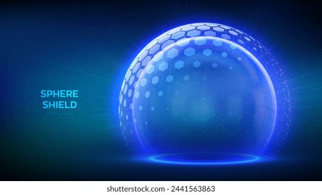 Protection sphere shield with hexagon pattern on blue background. Glass Dome shield. Glowing bubble shield in the form of a force energy field. Protection and safety concept. Vector illustration.