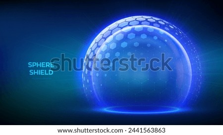 Protection sphere shield with hexagon pattern on blue background. Glass Dome shield. Glowing bubble shield in the form of a force energy field. Protection and safety concept. Vector illustration.