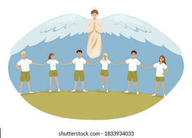 Protection, sport, education, support, religion, christianity concept. Angel biblical religious character protecting young happy teenagers schoolchildren athletes scouts. Divine help illustration.