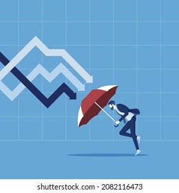 Protection stock market in economy crisis or market crash, businessman holding umbrella to protect from down arrow