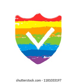 protection success. simple icon. Drawing sign with LGBT style, seven colors of rainbow (red, orange, yellow, green, blue, indigo, violet