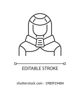 Protection suit black glyph icon. Robotic person, cyborg. Human in cyberpunk costume. Thin line customizable illustration. Contour symbol. Vector isolated outline drawing. Editable stroke
