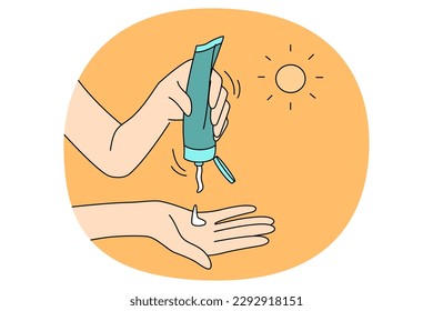 Protection from sun during summer concept. Human hands applying sunscreen protection skin on sunny day during hot summer vector illustration