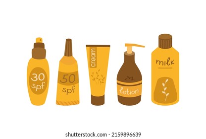 Protection from the sun and UV radiation a set of tools. Cream, lotion, spray, milk. Cosmetics for a beautiful tan in summer. Vector illustration.