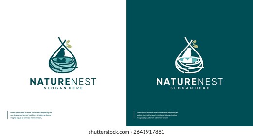Protection symbol with bird nest concept, natural product, vector graphic template.