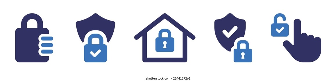 Protection system icon collection. Containing Padlock, shield, house security and unlock password icon. Vector illustration