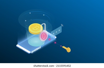 Protection system Progress crypto of bitcoin and data information in cloud storage of corporation network. 3d isometric flat design. Vector illustration.