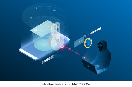 Protection system Progress upload and download Financial information in cloud for hacker. 3d isometric flat design. Vector illustration.