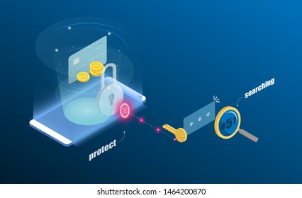 Protection system Progress upload and download Financial information in cloud for hacker. 3d isometric flat design. Vector illustration.