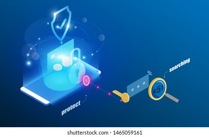 Protection system Progress upload and download data information in cloud for hacker. 3d isometric flat design. Vector illustration.