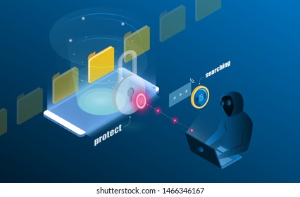 Protection system Progress upload and download Financial information in cloud and folder for hacker. 3d isometric flat design. Vector illustration.