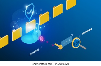 Protection system Progress upload and download Financial information in cloud and folder for hacker. 3d isometric flat design. Vector illustration.