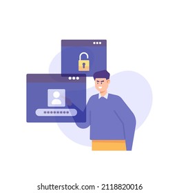 protection system technology. illustration of a user trying to access an account, log into an account, or log in. enter password. flat cartoon. concept illustration. design elements, ui, landing page