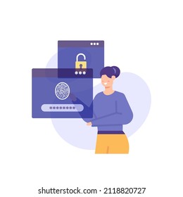 protection system technology. illustration of user trying to access account, login to account, or login using fingerprint. enter the security key. flat cartoon. concept illustration. design elements, 