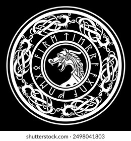 Protection Talisman. Viking dragon known as Nidhoggr in Norse mythology. Surrounded by runic symbols.  vector illustration on black background.