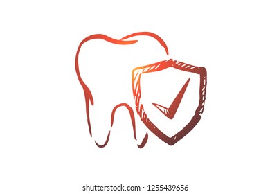 Protection, teeth, dental, healthy, care concept. Hand drawn tooth protected with shield concept sketch. Isolated vector illustration.