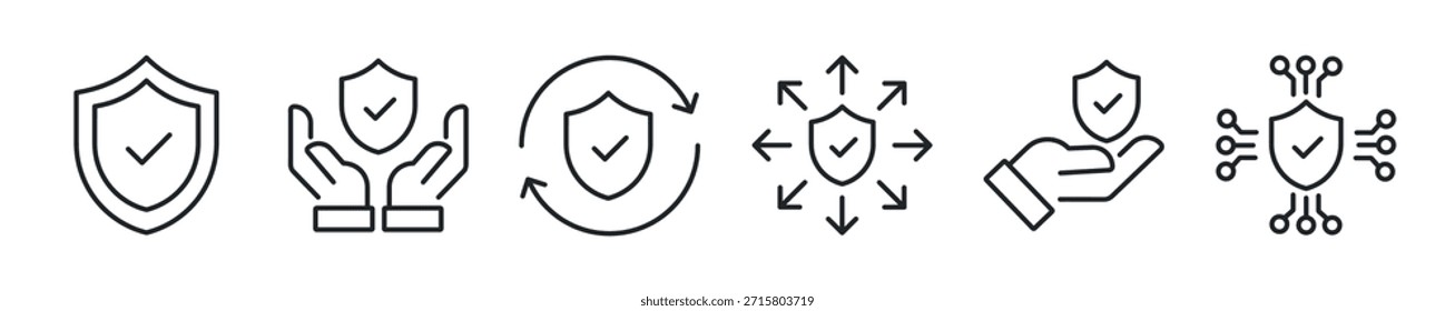 Conjunto de iconos de línea delgada de protección. Iconos mínimos de Web