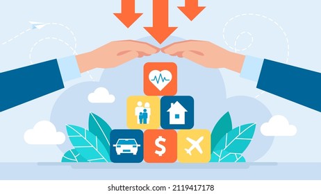 Protection from threats. Insurance and Assurance. Life, property, car, health, family, travel, home, business insurance concept. Broker agent. Family protection care. Flat design. Vector illustration.