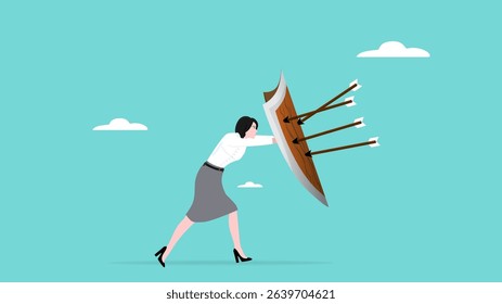 protection from threats, protects from Cyber ​​Threats to Businesses growth, protective shield company data security from cyber attacks, woman uses a protective shield to ward off arrow attacks