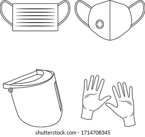 
Protection tools icons set.
Protective mask, gloves and protective visor.
