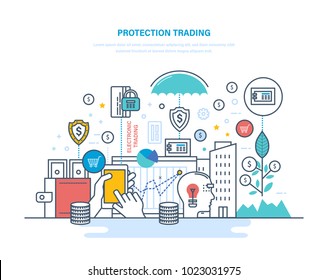 Protection trading. Financial stock market, e-commerce, capital markets. Trade exchange, trading, protection trades and transaction, growth finance, economic indicators. Illustration thin line design.