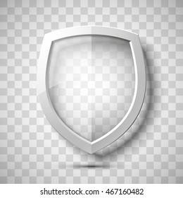 Protection transparent shield concept. Safety badge icon. Privacy banner. Security label. Defense tag. Presentation sticker shape. Vector illustration