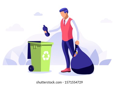 Protection from trash, ecology on geography of the planet surface, poster. Bio saving from pollution, sign of throw in a bin ecologic container, people for recycling. Flat vector illustration.