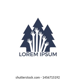 Protection tree logo design. Charity trees protection social event. Pine tree and hands icon.