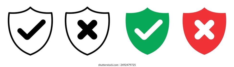 Protección y sin protección, escudo verde marca de verificación escudo rojo cruz señales Vector de colección.