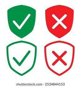 Protection and unprotection, green shield checkmark  red shield cross. Green and red shield checkmark, cross, approved, rejected, yes, no. Set of red and green crosses and checkmarks in eps 10.