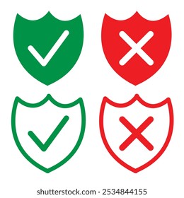 Protection and unprotection, green shield checkmark  red shield cross. Green and red shield checkmark, cross, approved, rejected, yes, no. Set of red and green crosses and checkmarks in eps 10.