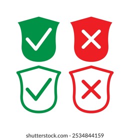 Protection and unprotection, green shield checkmark  red shield cross. Green and red shield checkmark, cross, approved, rejected, yes, no. Set of red and green crosses and checkmarks in eps 10.